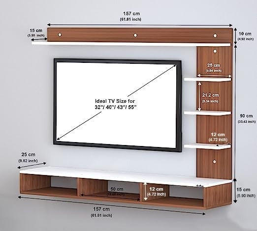 Modern Home wall-mounted entertainment center in white and wood finish with media shelves and TV size dimensions