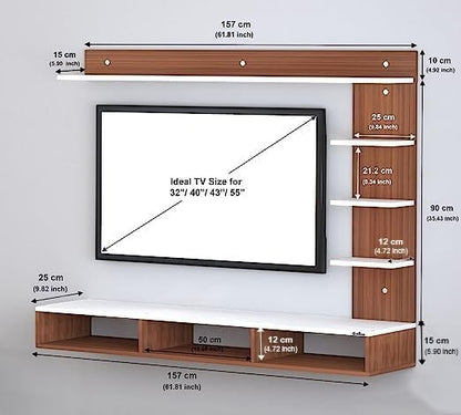 Modern Home wall-mounted entertainment center in white and wood finish with media shelves and TV size dimensions