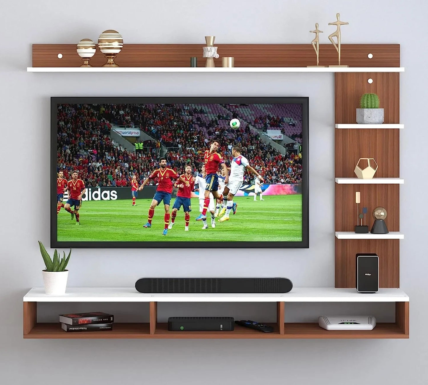 Modern Home wall-mounted entertainment center in walnut and white with media storage shelves and a flat screen TV.