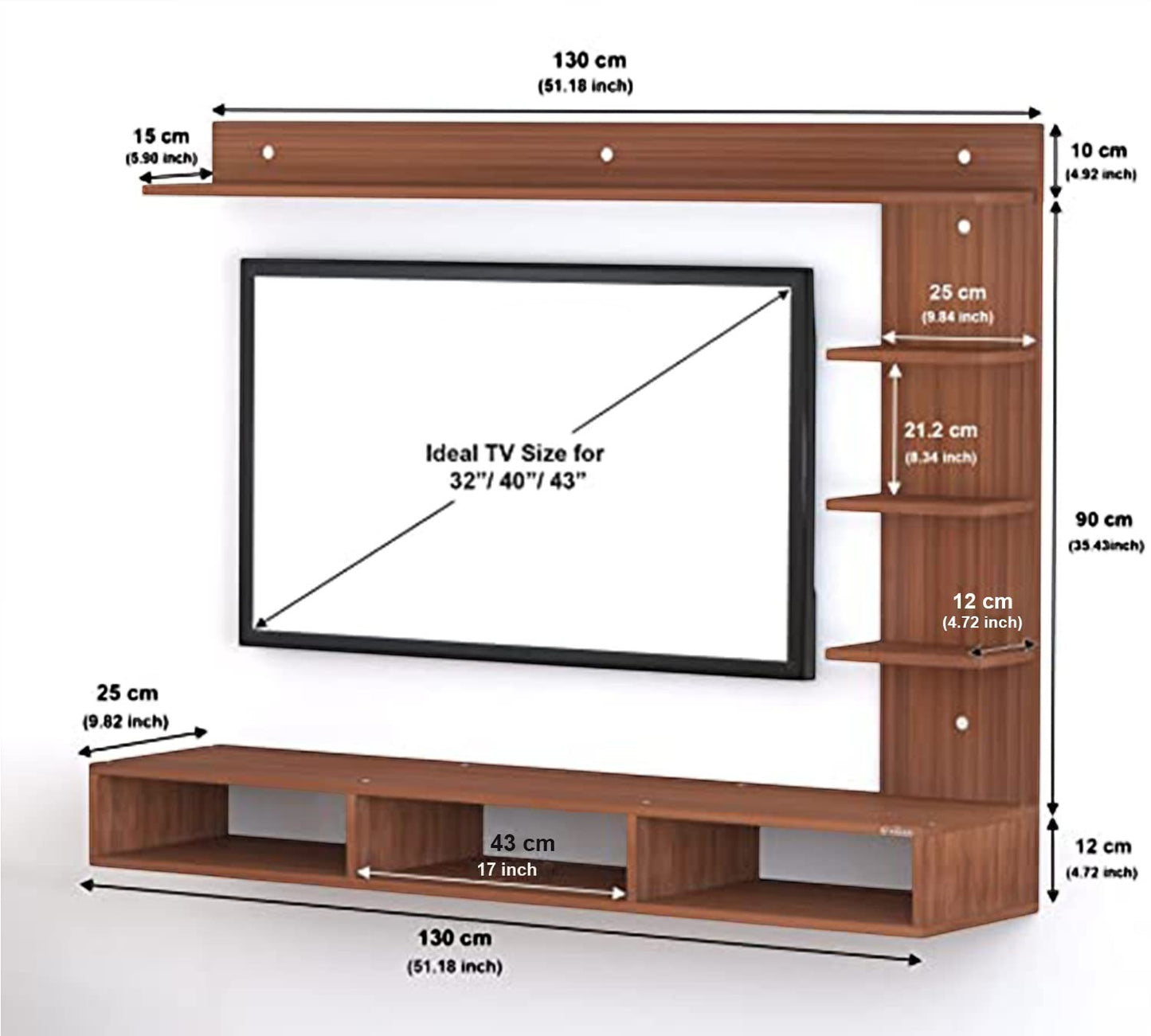 Modern Home wall-mounted brown wooden entertainment center with media storage shelves and TV size dimensions