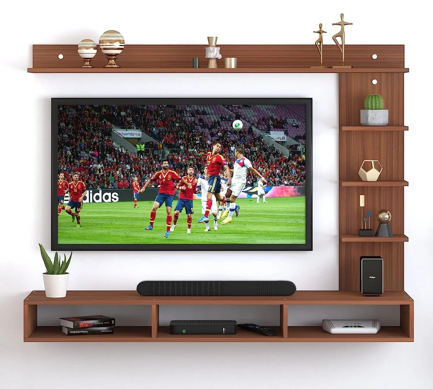 Modern Home wall-mounted brown wooden entertainment center with side shelving and a flat-screen TV display