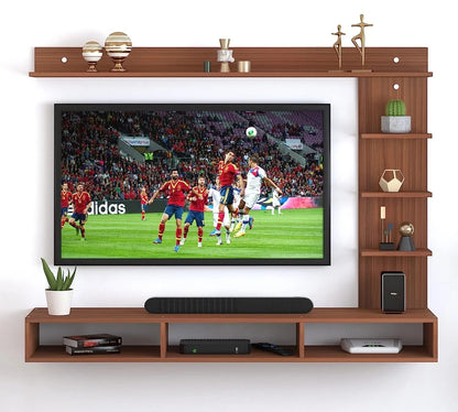 Modern Home wall-mounted brown wooden entertainment center with side shelving and a flat-screen TV display