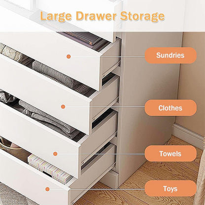 Modern Home white 5-drawer dresser showing organized storage for clothes, towels, and toys in a minimalist bedroom.