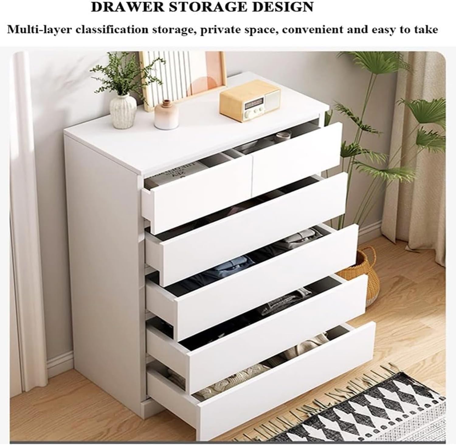 Modern Home white 5-drawer dresser with minimalist design and spacious countertop for bedroom storage.