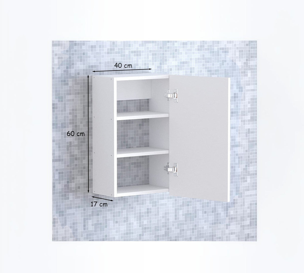Modern Home white wall-mounted bathroom cabinet with two internal shelves and open door, 60cm by 40cm by 17cm.