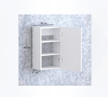 Modern Home white wall-mounted bathroom cabinet with two internal shelves and open door, 60cm by 40cm by 17cm.