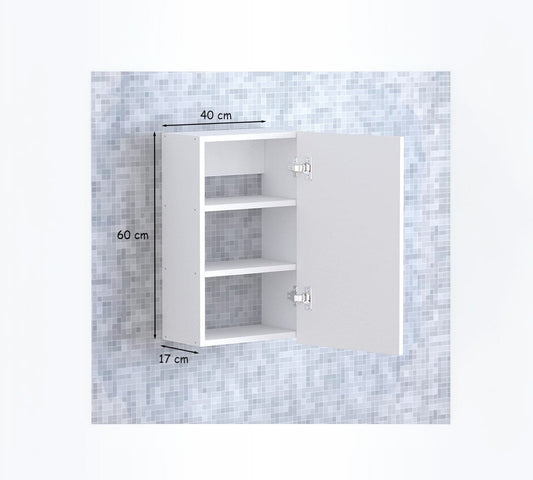 Modern Home white wall-mounted bathroom cabinet with two internal shelves and open door, 60cm by 40cm by 17cm.