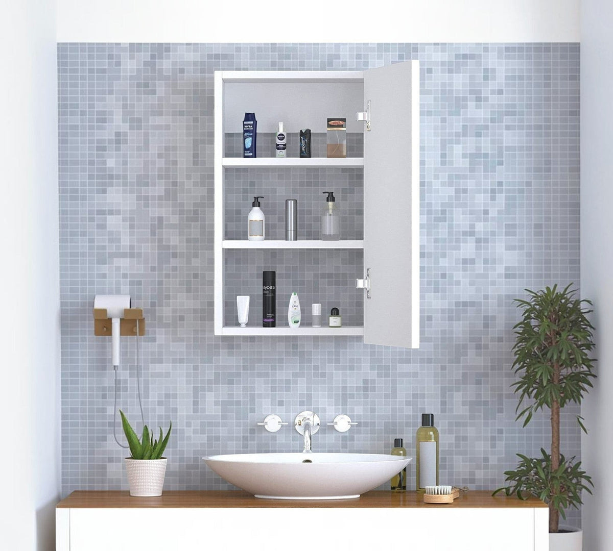 Modern Home white wall-mounted bathroom medicine cabinet with two internal shelves and open door above a vanity sink.