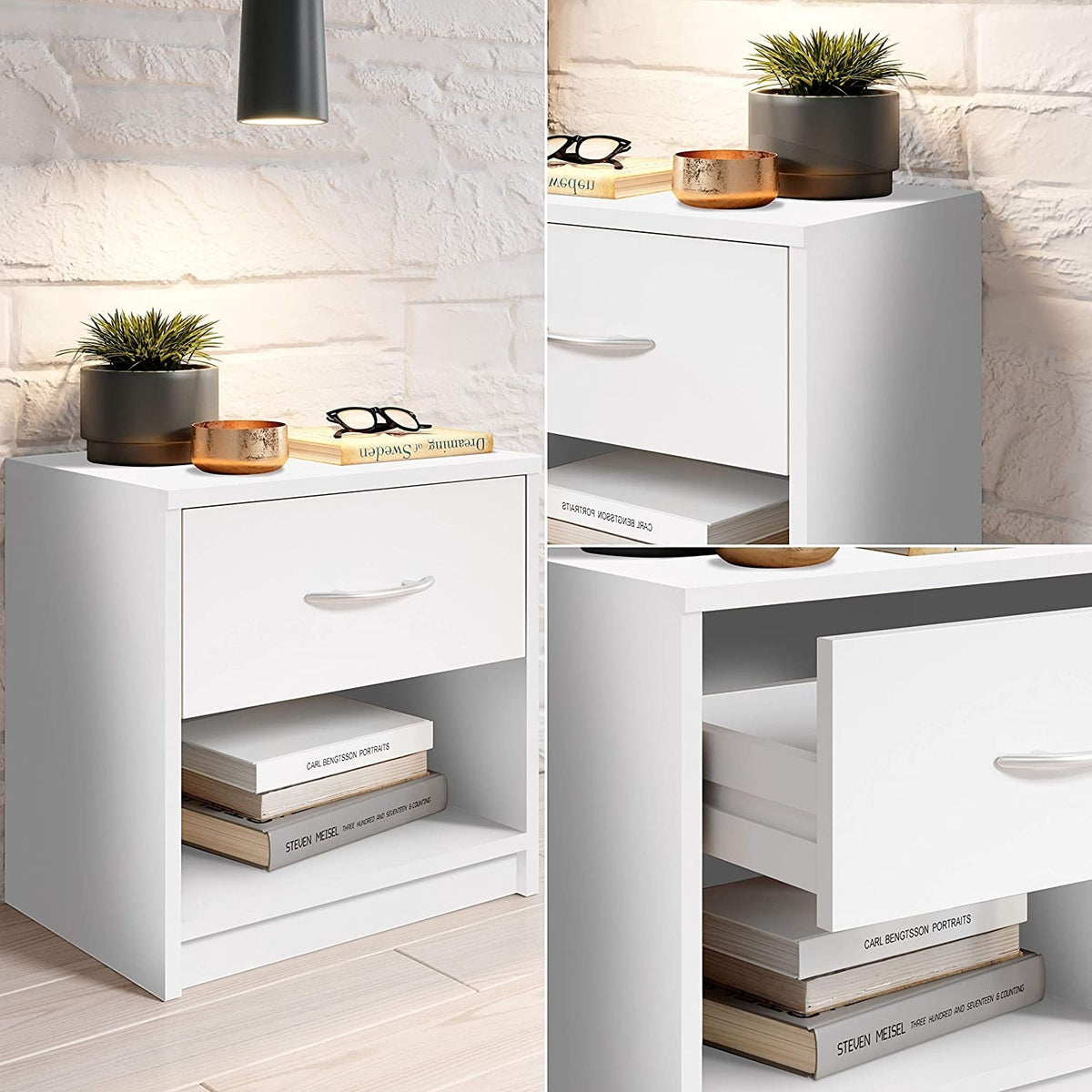 Modern Home white bedside table with a smooth-running drawer, open shelf, and aluminum handle in a bedroom setting.