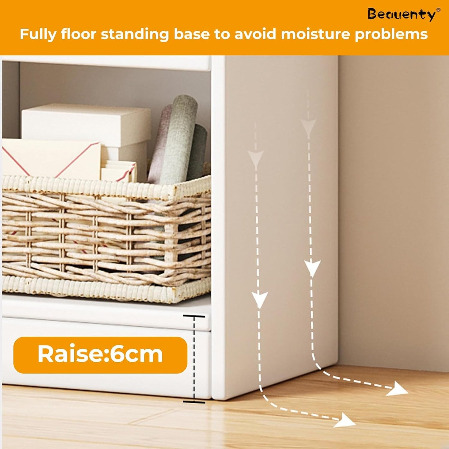 Modern Home white narrow bookshelf with 6cm raised base to protect items from floor moisture