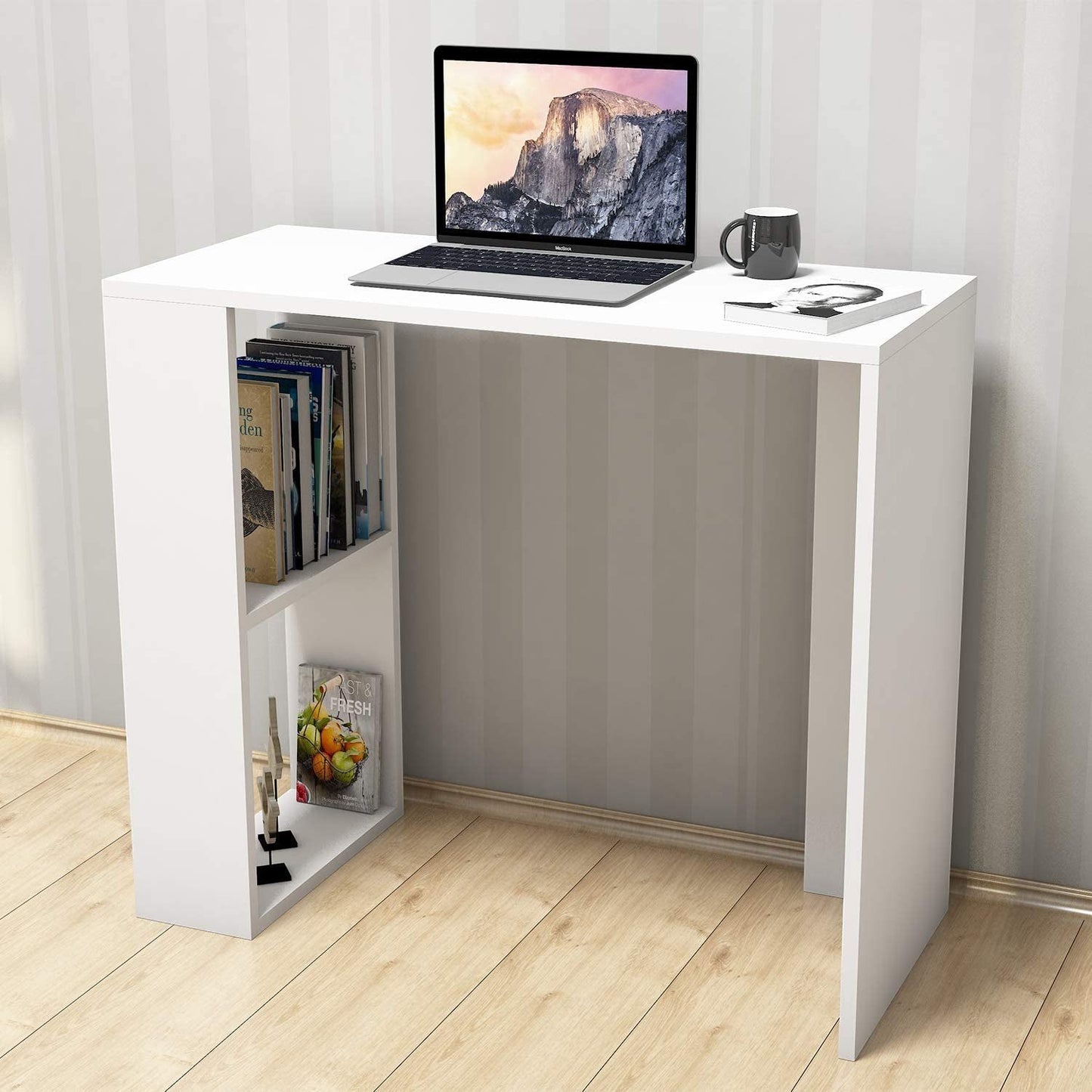 Modern Home white compact work and study desk with integrated side shelving for books and office supplies