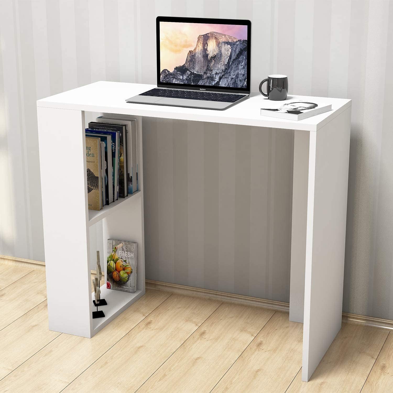 Modern Home white compact work and study desk with integrated side shelving for books and office supplies