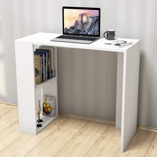 Modern Home white compact work and study desk with integrated side shelving for books and office supplies