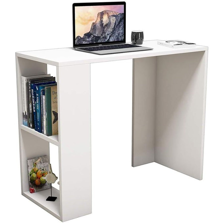 Modern Home white compact work and study desk with integrated side storage shelves for books and office supplies