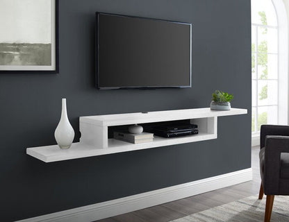 Modern Home white wall-mounted floating TV stand with media storage shelves mounted on a dark grey wall