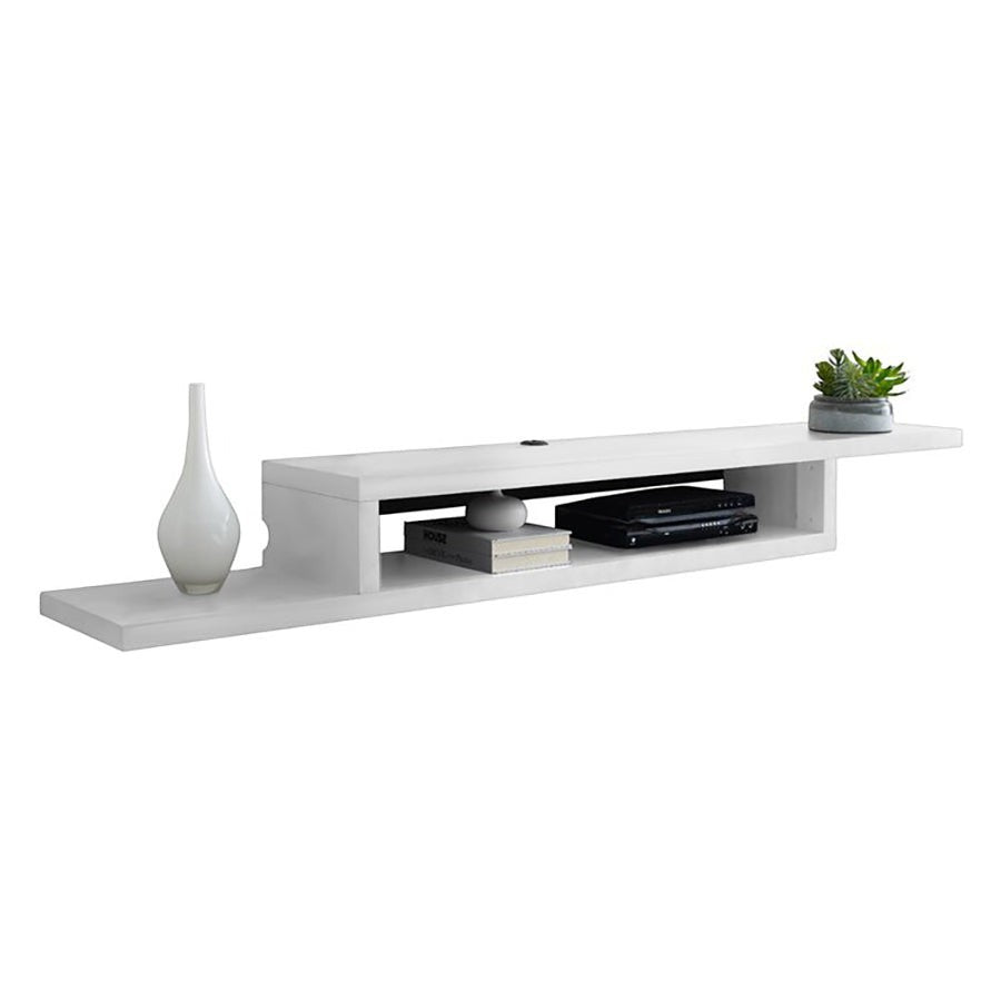 Modern Home white wall-mounted floating TV stand with open storage shelves for media devices and decor