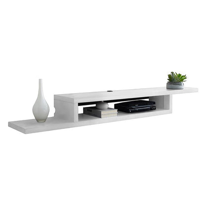 Modern Home white wall-mounted floating TV stand with open storage shelves for media devices and decor