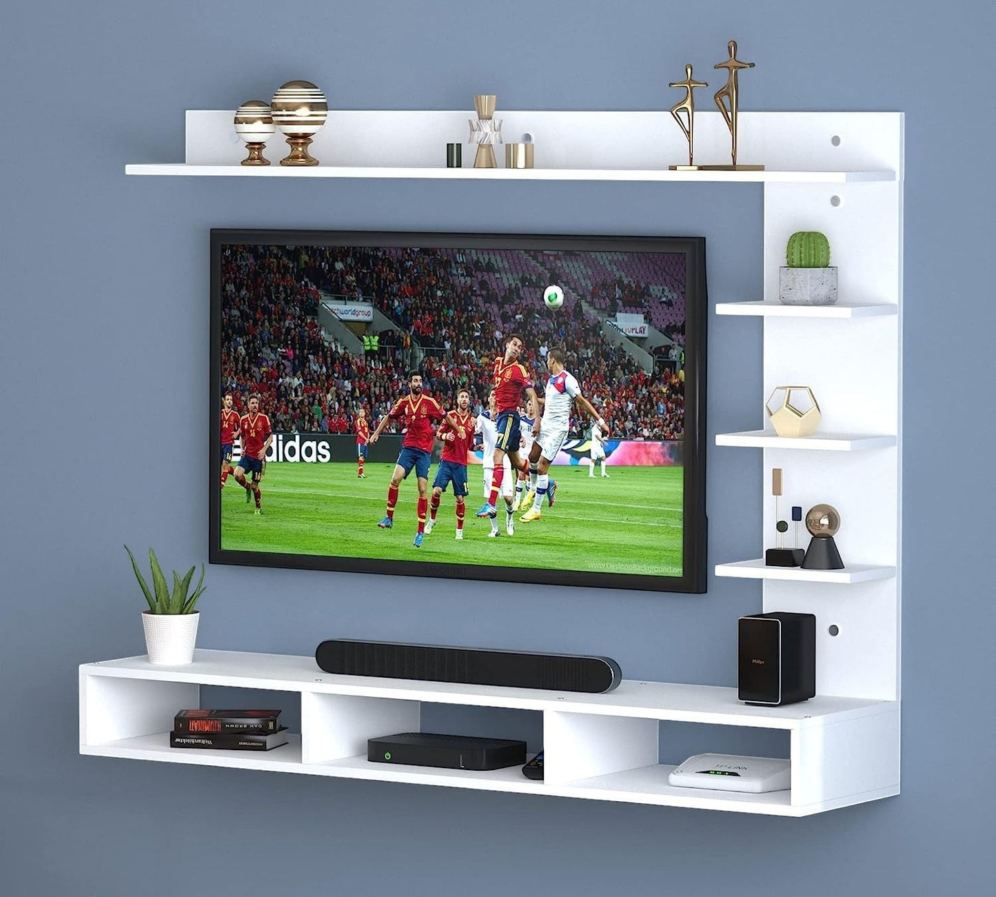 Modern Home white wall-mounted floating TV entertainment unit with side shelving and media console compartments.