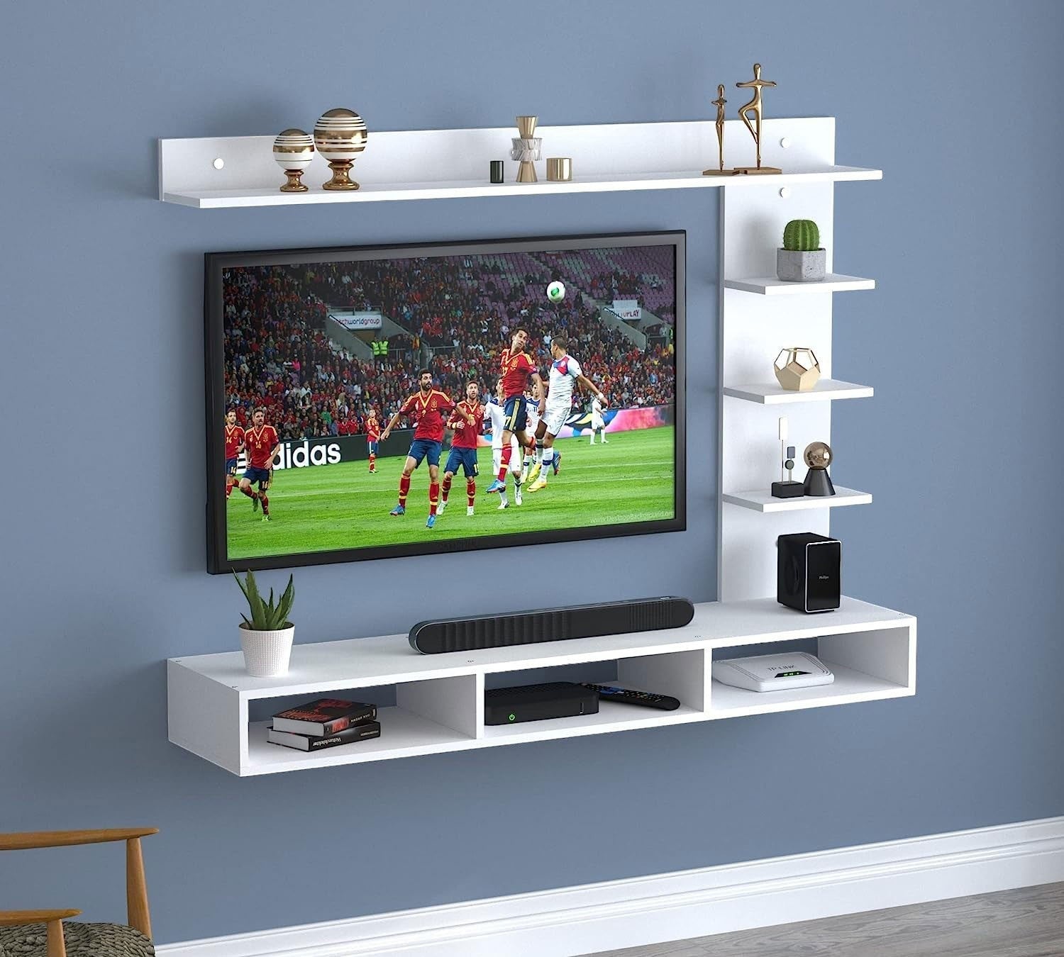 Modern Home white wall-mounted floating TV entertainment unit with side shelving and media console compartments.