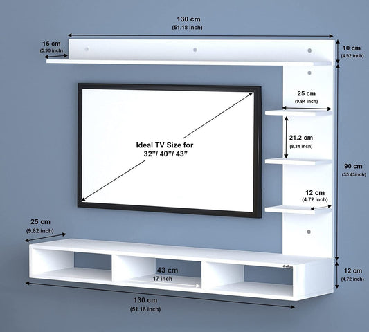 Modern Home white wall-mounted floating TV entertainment unit with shelving for media consoles and decor.