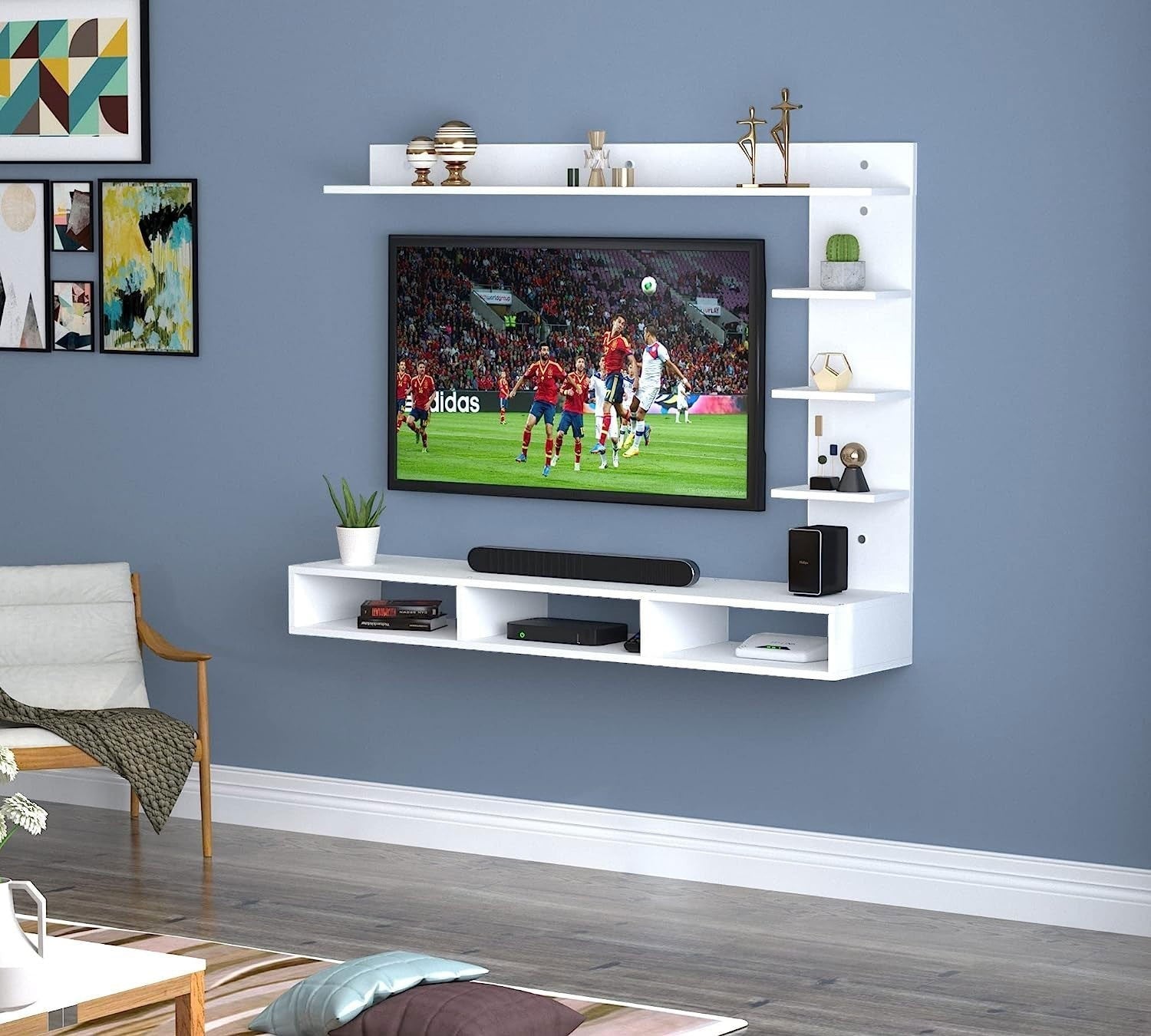 Modern Home white wall-mounted floating TV entertainment unit with side shelving and media console on a blue wall