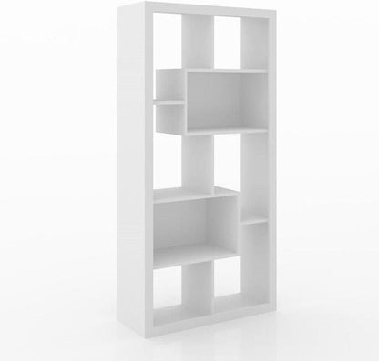 Modern Home white geometric bookcase with an asymmetrical open-shelf design for contemporary living room storage.