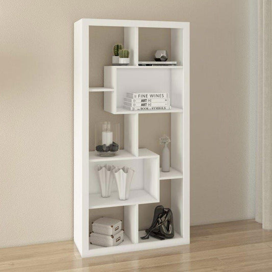 Modern Home white geometric storage bookcase with asymmetrical open shelving for books and decorative accents