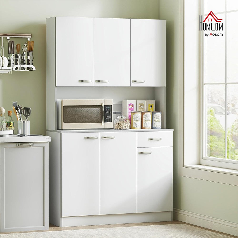 Modern Home white kitchen pantry cabinet with microwave stand, adjustable shelves, and silver-tone handles.