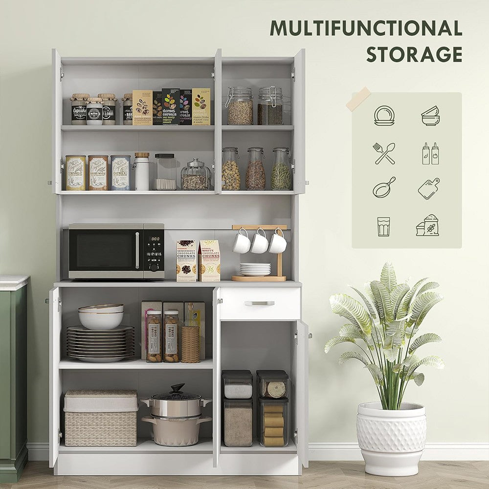 Modern Home white kitchen pantry cabinet with microwave stand, adjustable shelves, and drawer storage.