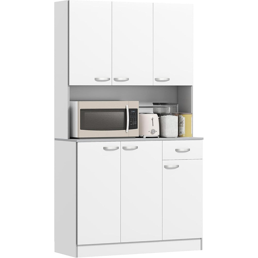 Modern Home white kitchen pantry cabinet with microwave stand, adjustable shelves, and silver-tone handles.