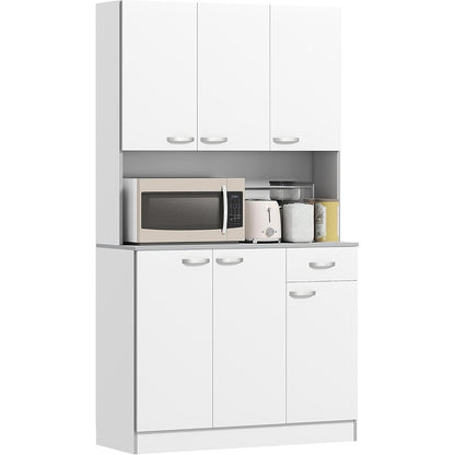 Modern Home white kitchen pantry cabinet with microwave stand, adjustable shelves, and silver-tone handles.