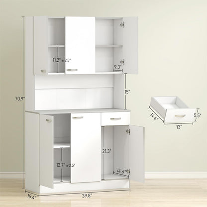 Modern Home white kitchen pantry cabinet with microwave stand, adjustable shelves, and drawer, featuring dimensions.