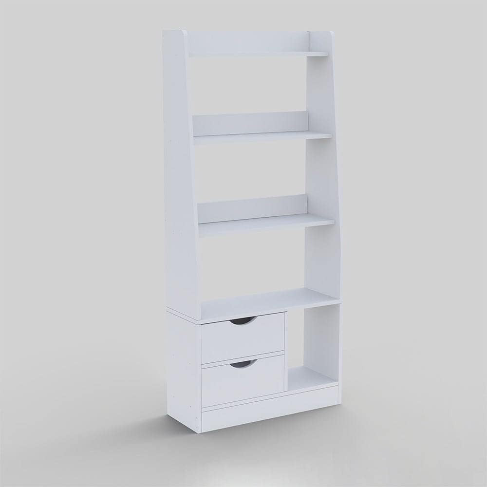 Modern Home white ladder bookshelf with three open shelves, two storage drawers, and a side cubby in a minimalist style