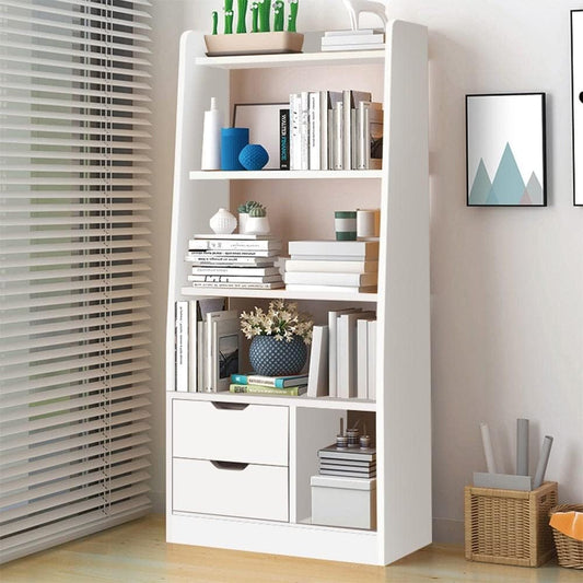 Modern Home white ladder bookshelf with three open shelves, two base drawers, and an open cubby for home storage.