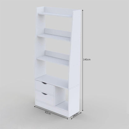 Modern Home white ladder bookshelf with three open shelves, two base drawers, and an open cubby for storage.