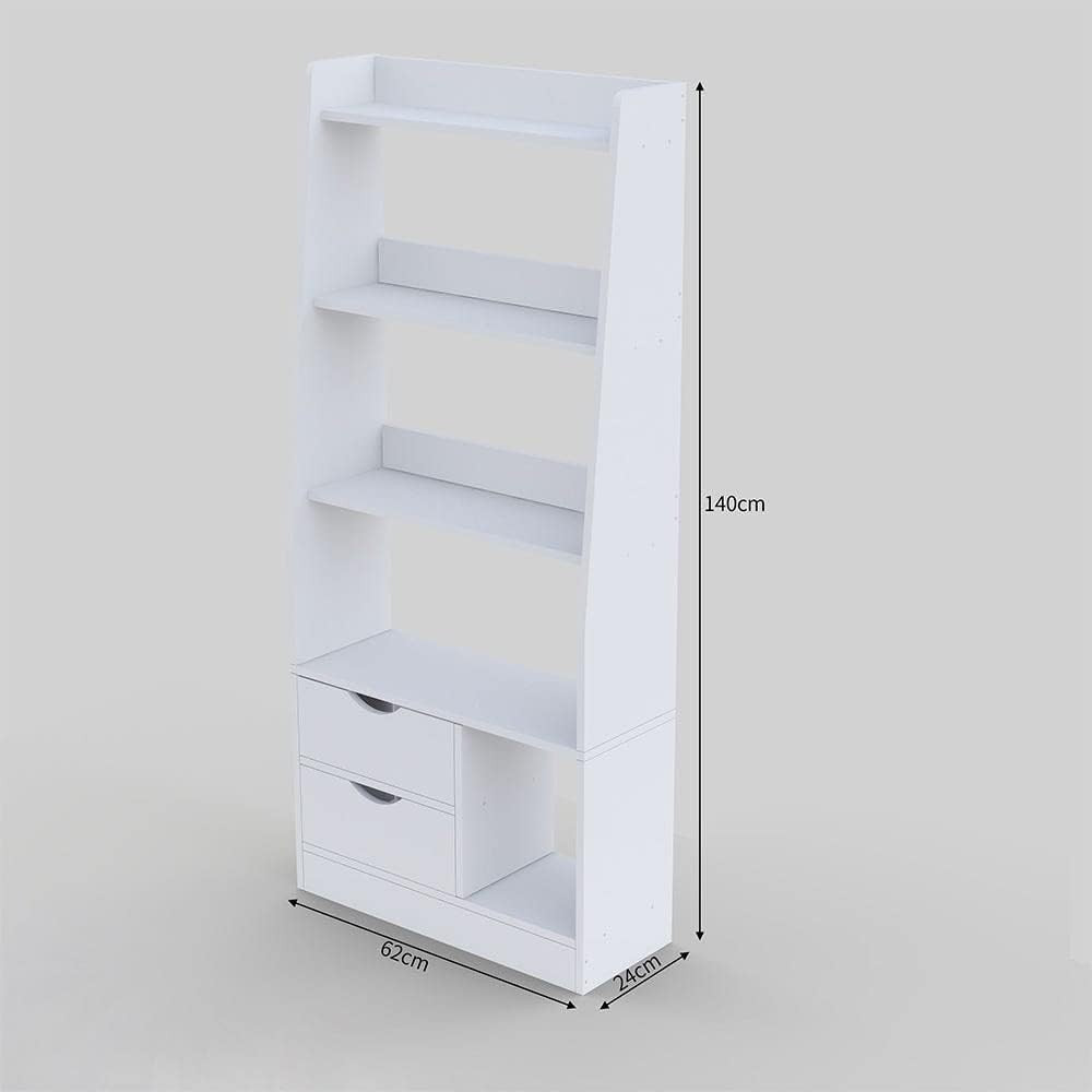 Modern Home white ladder bookshelf with three open shelves, two base drawers, and an open cubby for storage.