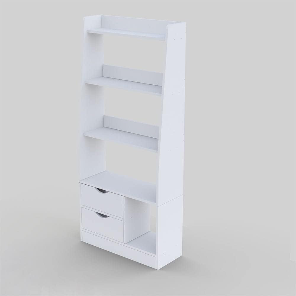 Modern Home white ladder bookshelf with three open shelves, two storage drawers, and a lower cubby space.