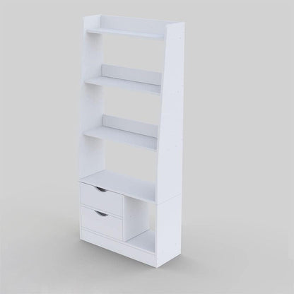 Modern Home white ladder bookshelf with three open shelves, two storage drawers, and a lower cubby space.