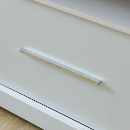 Modern Home white media console drawer featuring a sleek polished silver-tone handle for a minimalist look.