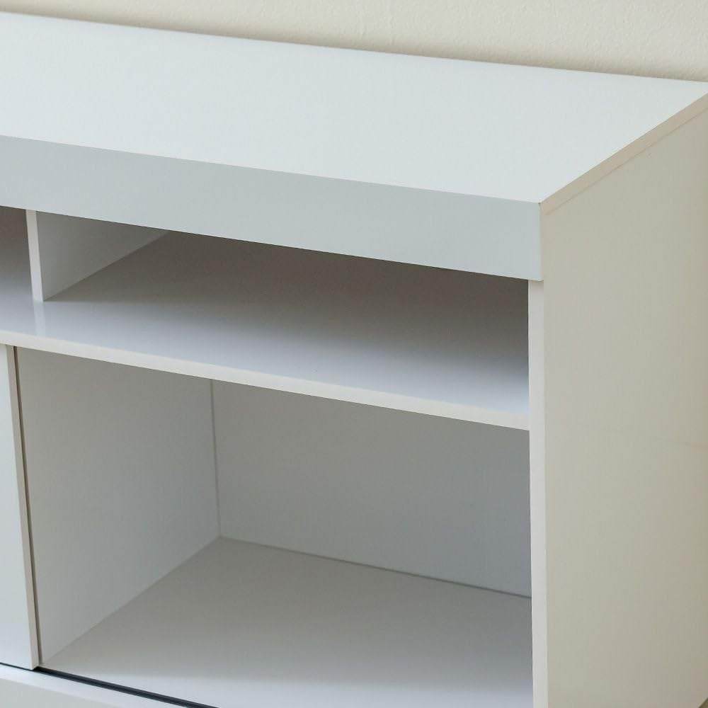 Modern Home white minimalist media console with open shelving and a smooth low-profile design for living room storage