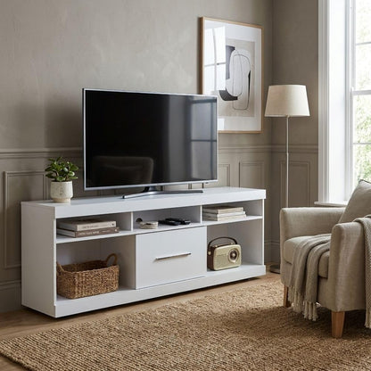 Modern Home white media console TV stand with open shelving, central drawer, and silver handle in a living room