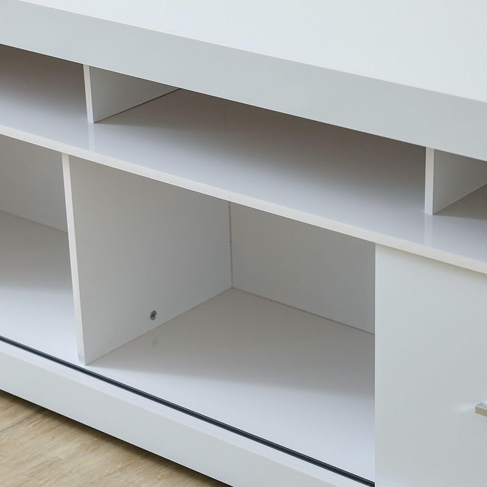 Modern Home white media console TV stand featuring open shelving and a minimalist design for contemporary living rooms.