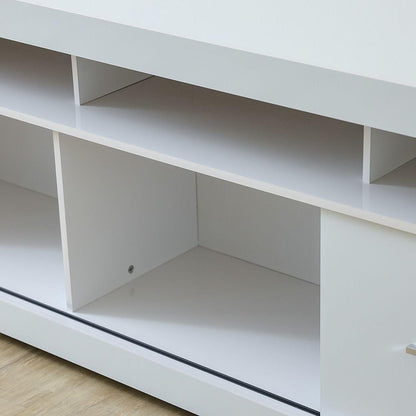 Modern Home white media console TV stand featuring open shelving and a minimalist design for contemporary living rooms.