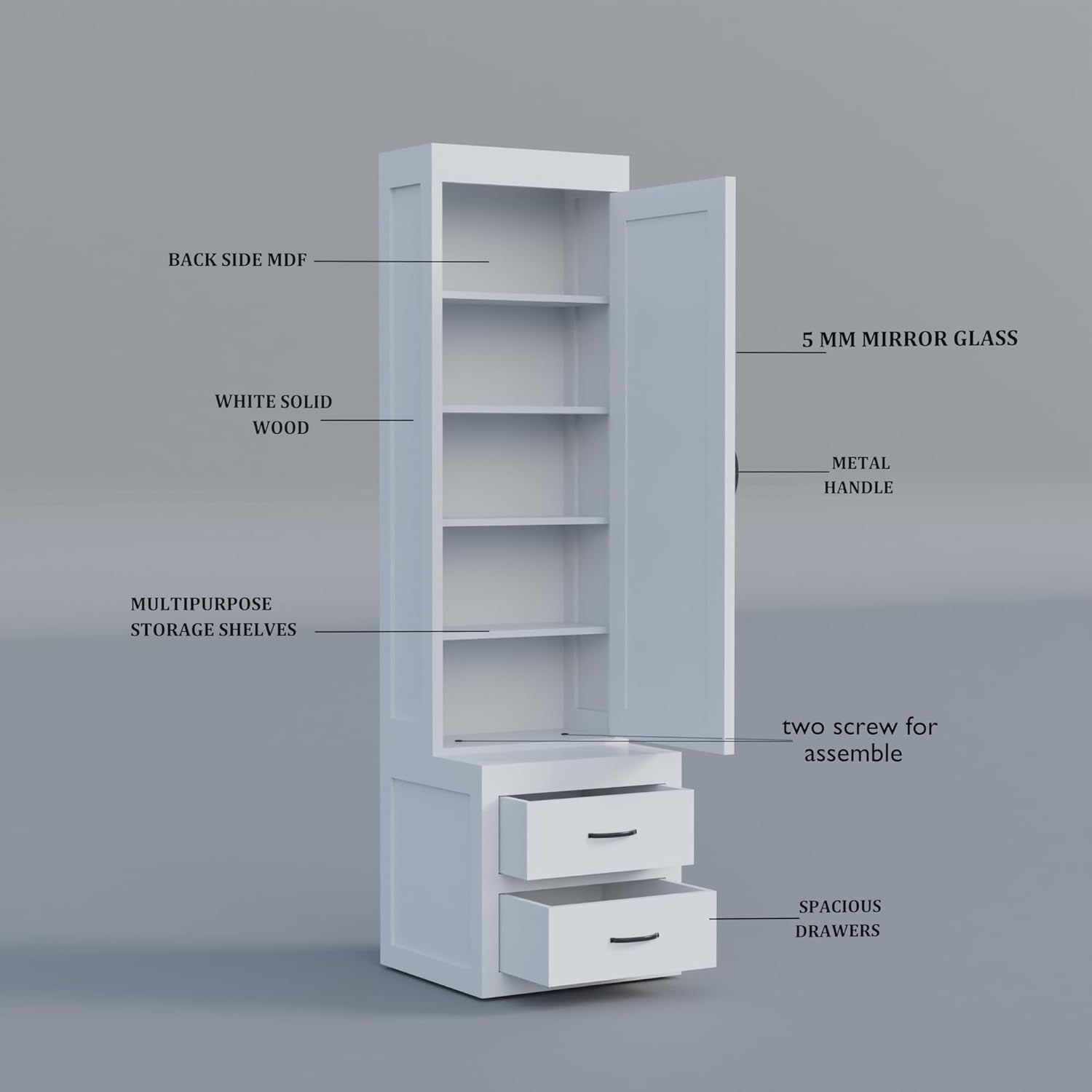 Modern Home white tall storage cabinet with a mirrored door, interior shelves, and two drawers with metal handles.