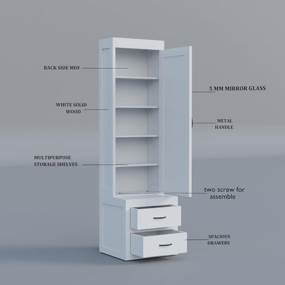 Modern Home white tall storage cabinet with a mirrored door, interior shelves, and two drawers with metal handles.