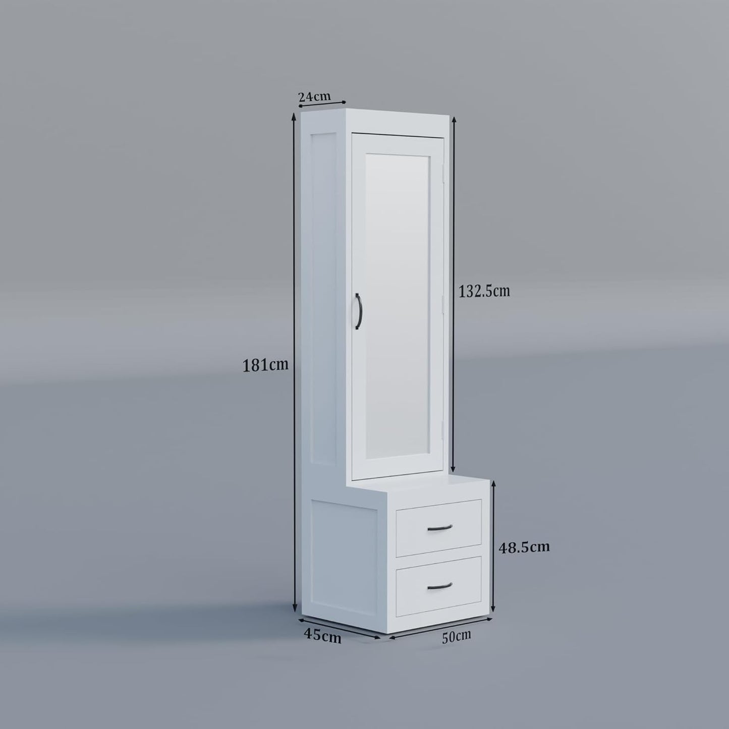 Modern Home white tall mirrored storage cabinet with two drawers and metal handles, shown with dimensions.