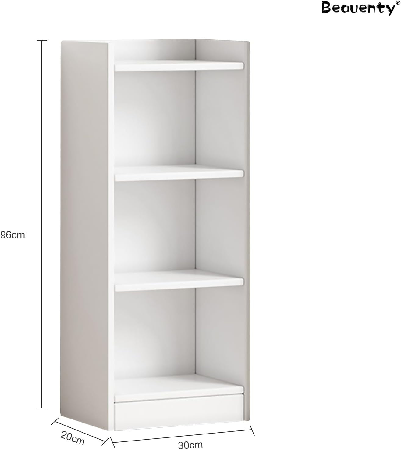 Modern Home 3-tier white narrow standing bookshelf with a minimalist design and raised base for home storage.