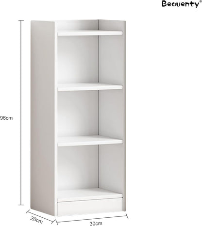 Modern Home 3-tier white narrow standing bookshelf with a minimalist design and raised base for home storage.