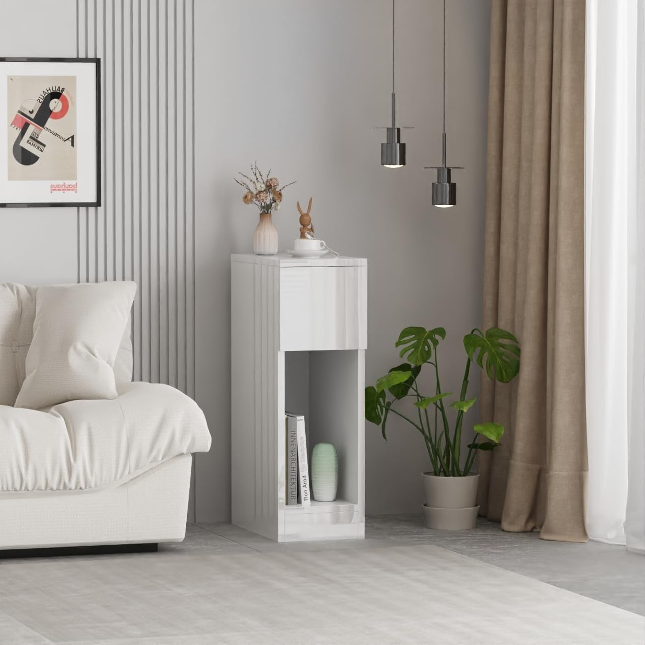 Modern Home white narrow bedside table with a top drawer and open storage shelf in a minimalist living room setting.