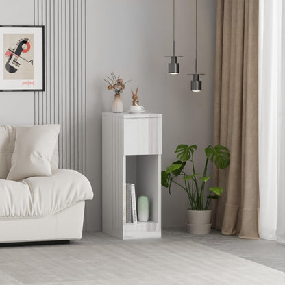Modern Home white narrow bedside table with a top drawer and open storage shelf in a minimalist living room setting.